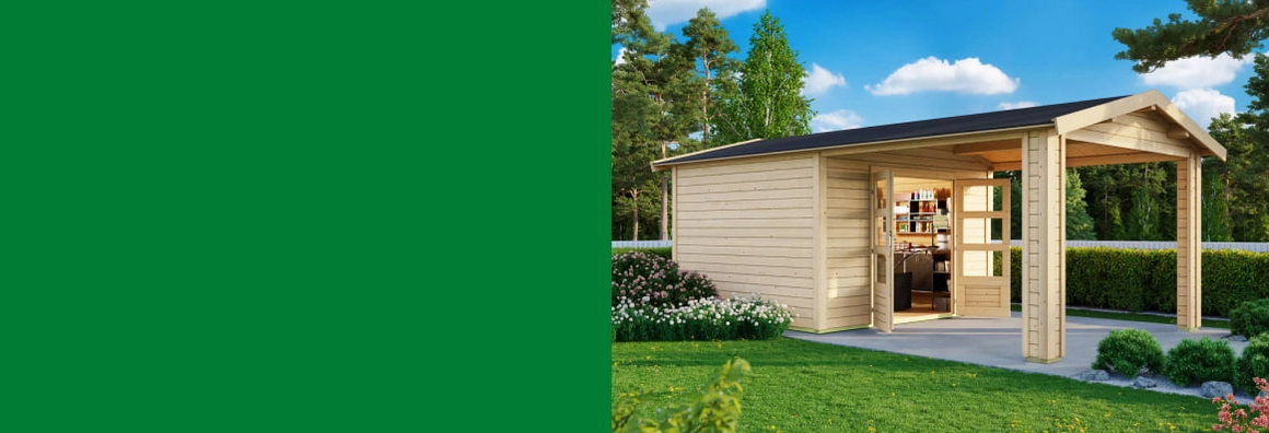 Gartenhaus aus Holz mit Veranda in einem Garten.